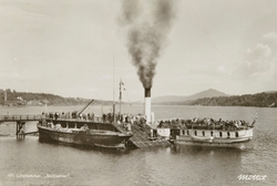 Postkort, mjøsbåt, D/S Skibladner ved damskipsbrygga i Eidsv