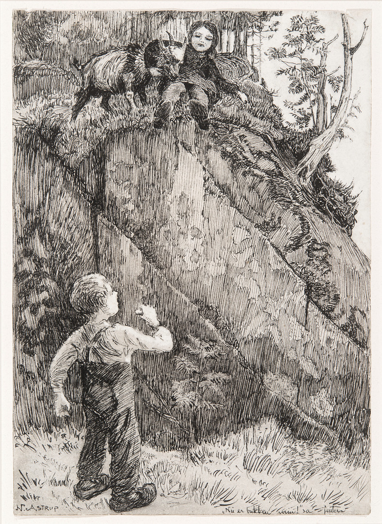 En gutt ser opp på en jente som sitter på toppen av en stor stein og holder rundt en geitebukk.