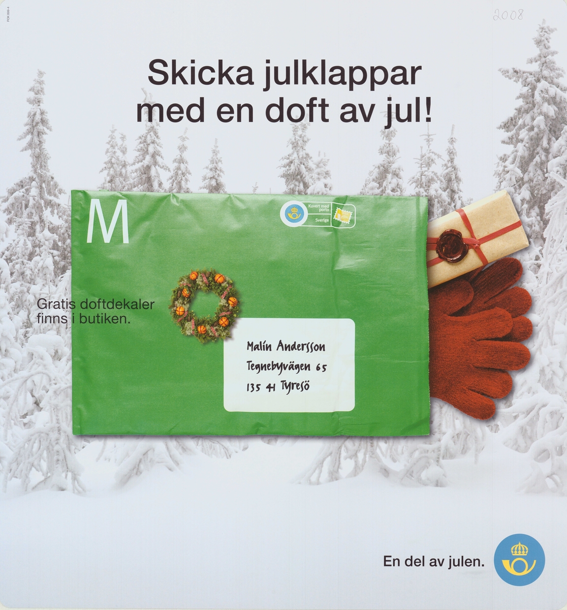 Postens förfrankerade förpackning med vantar och julklappar i. 

Postens ikonspråk.