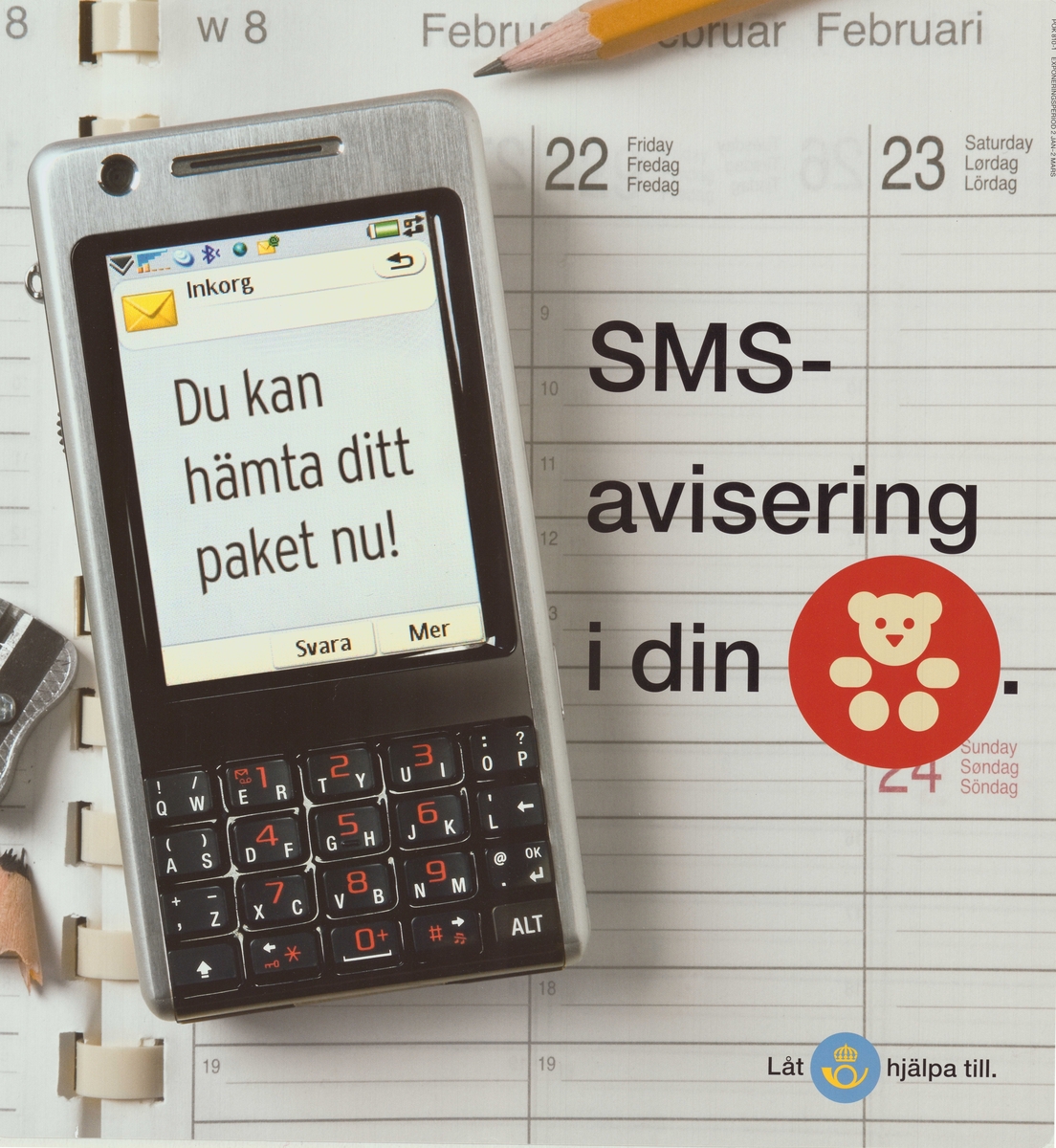 Mobiltelefon med text om SMS-avsiering av paket.

Postens ikonspråk.