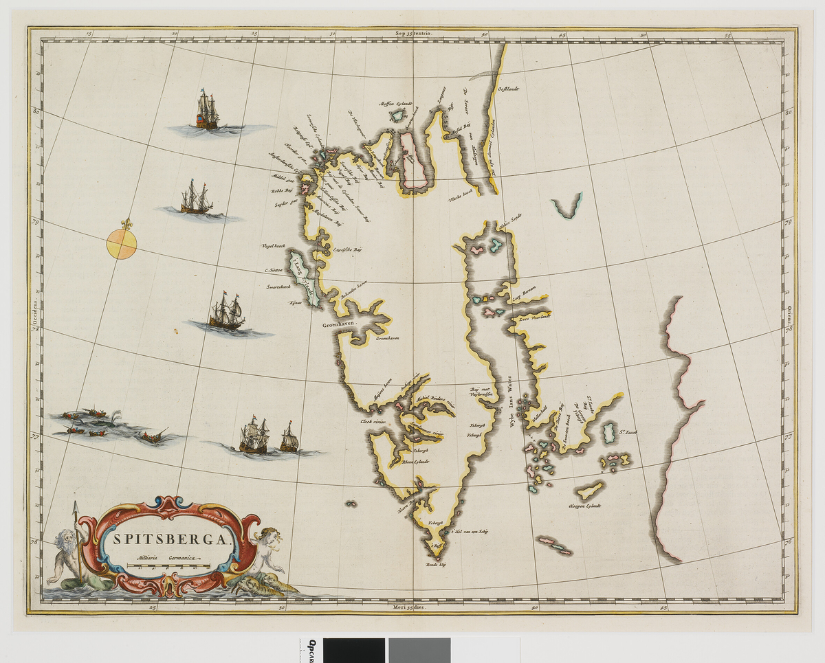 Kart over Spitsbergen. Baksidetekst på nederlandsk.