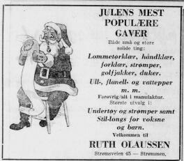 I 1953 annonserte Ruth Olaussen med julens mest populære gaver. Akershus Arbeiderblad, den 09.12.1953. Nasjonalbiblioteket.