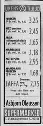 Reklame for varer i Asbjørn Olaussen Supermarked, den 28.04, 1965. Nasjonalbiblioteket.