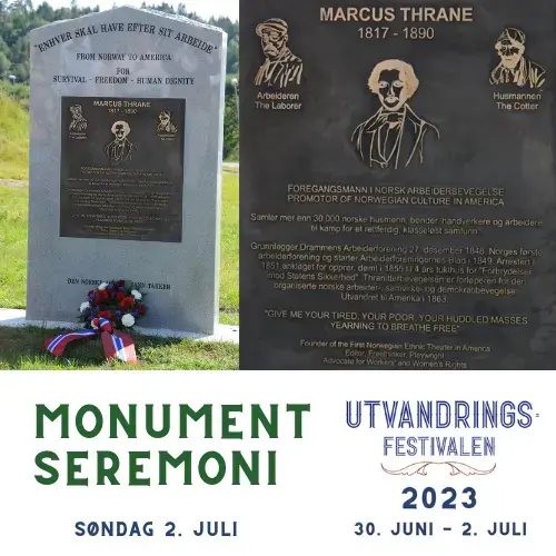 Marcus Thrane monument, stein med bronseplate med portrett og tekst i relieff