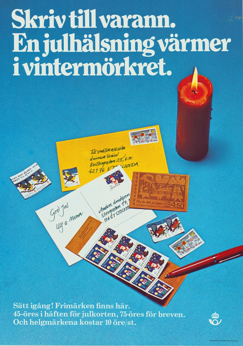 Affisch. Material för att skicka vykort syns på affischen. frimärken med julmotiv. Postsymbol.