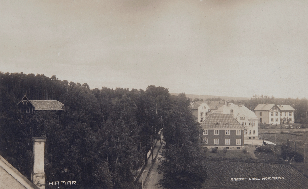 Postkort, Hamar, Furnesvegen, Furubakken i skogen til venstre, Barnehjemmet og Hamar sykehus, sett fra tårnet til Hamar domkirke,