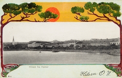 Postkort, Hamar, bypanorama fra Hamarbukta før jernbaneutbyg