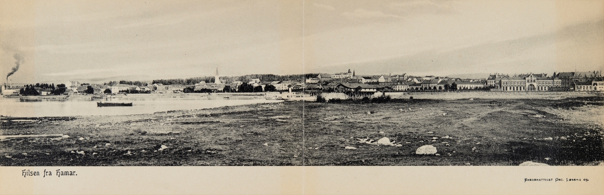 Postkort, Hamar, bypanorama sett fra Tjuvholmen, fra Melefabrikken i vest til Hamar stasjon i øst, 
dobbelkort,