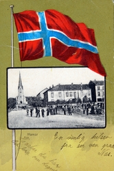 Postkort, Hamar, Stortorget, et fotografi på en tegnet bunn 