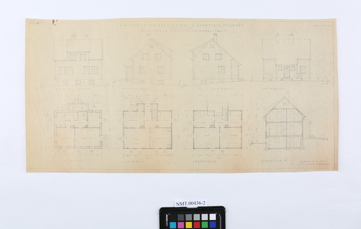 Eit brev og to kopiar av arkitektteikningar av våningshus. Dei viser fasade- og planteikningar.