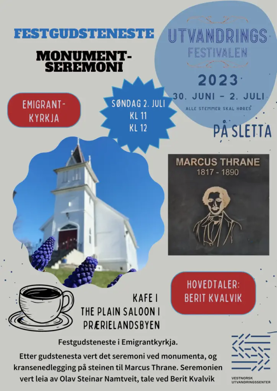 Festivalplakat Monumentseremoni og festgudsteneste Utvandringsfestivalen 2023