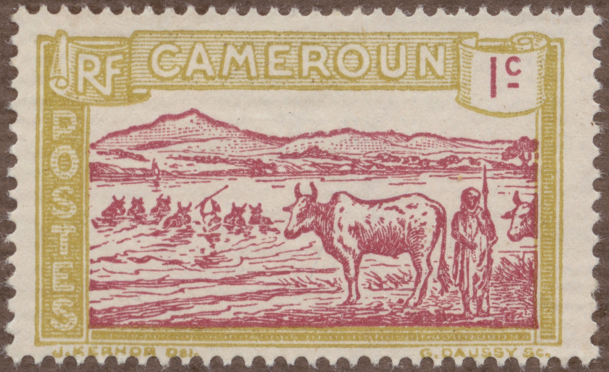 Frimärke ur Gösta Bodmans filatelistiska motivsamling, påbörjad 1950.
Frimärke från Kamerun, 1925. Motiv av Boskapshjord av Zeburas simma över Sanagafloden.