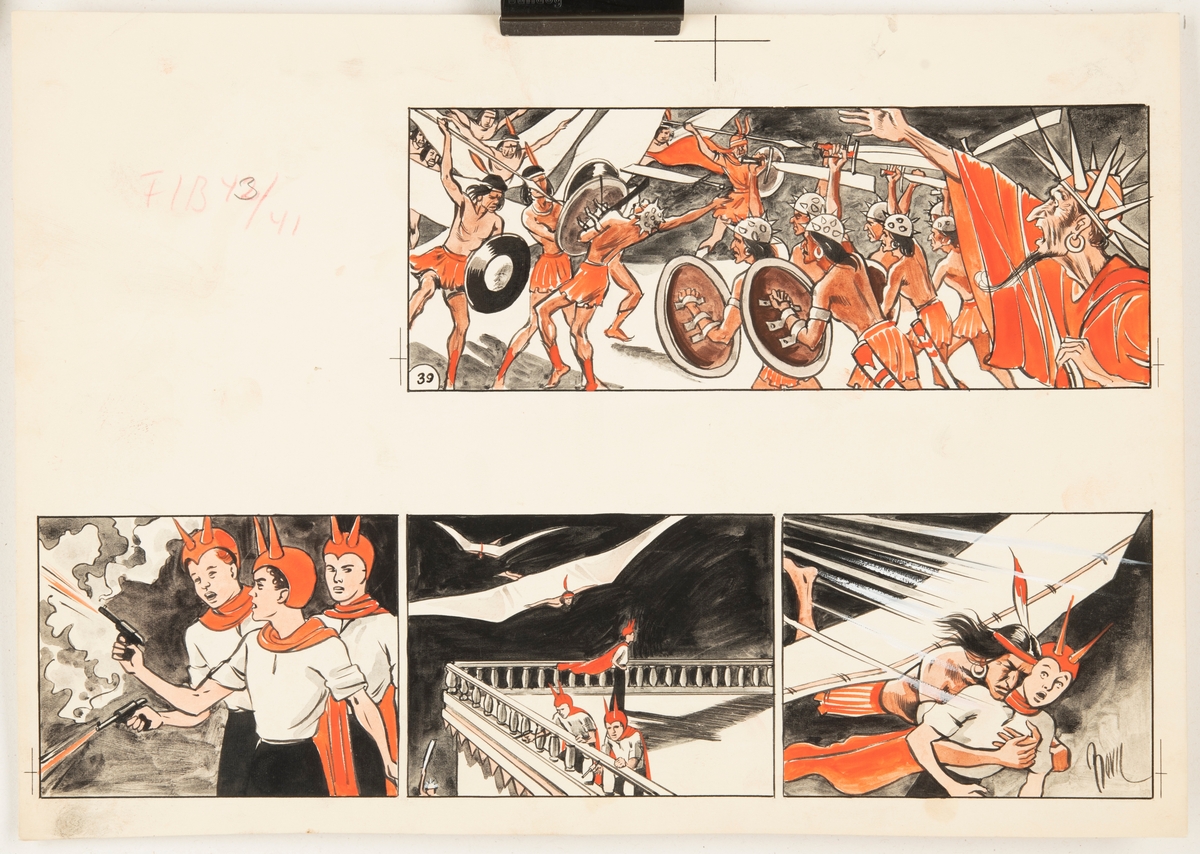 Sida ur den tecknade serien om när Flygkamraterna åker till Inkariket och är med om flera spännande äventyr. I de sista delarna hittar de en skatt med en magisk kula.
Varje sida är uppbyggd av 4-8 bildrutor med teckningar i svart, vitt och rött. Stilen är enklare och bilderna mer avskalade än de senare delarna av serien om flygkamraterna.