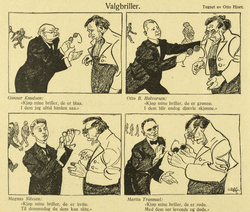 Valgbriller. Tegning av Otto Hjort i Hvepsen 1921. Karikatur