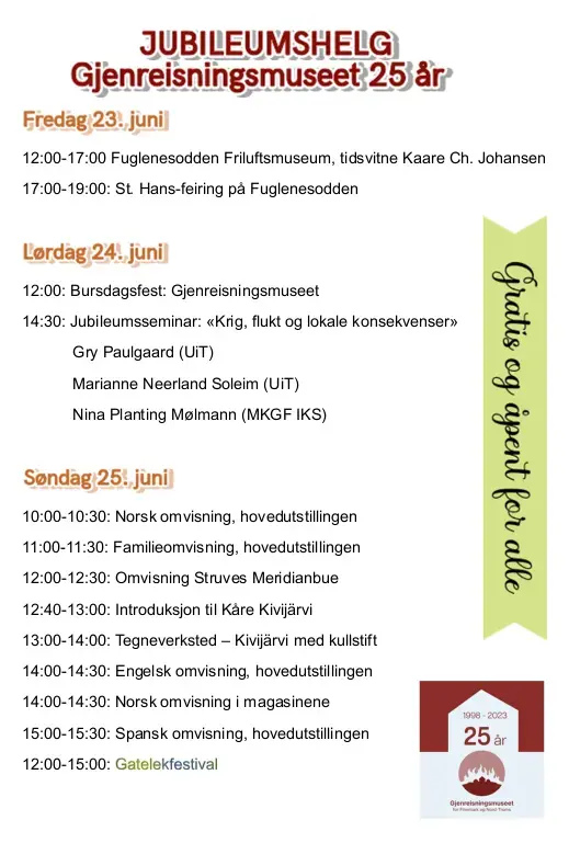 Programmet for jubileumshelgen 2023.