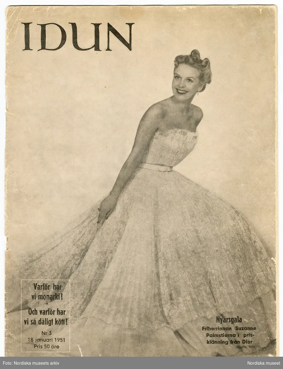 Tidningen Idun 18 januari 1951, nummer 3. På framsidan ses friherinnan Susanne Palmstierna i den Diorklänning hon vann vid utlottning på Nordiska Kompaniet i december 1950.