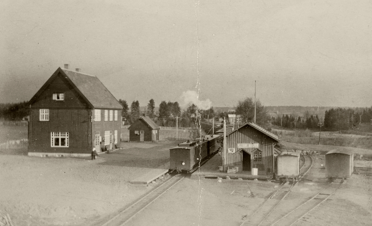 Postkort, Løten, Ådalsbruk jernbanestasjon med smalspor 1067 mm  (3 fot og 6 tommer) , pakkhus, jernbanevogner,