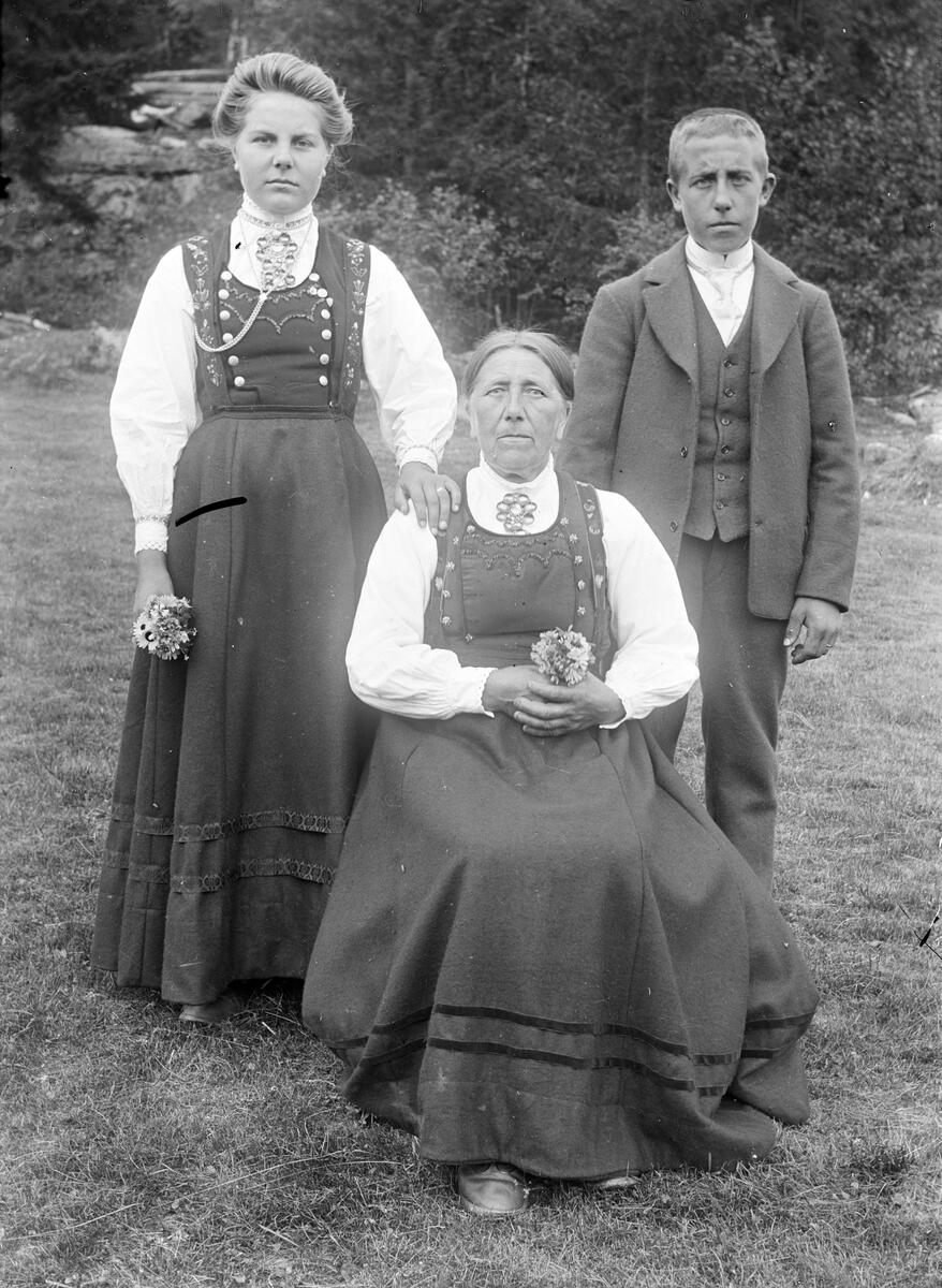 Portrett av to kvinner og gutt. Kvinnene i folkedrakt fra Tinn.

Fotosamling etter Øystein O. Jonsjords (1895-1968), Tinn.