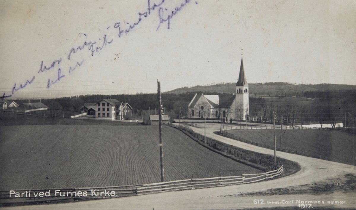 Postkort, Ringsaker, Furnes kirke, Kirkenær skole, Frøbergvegen - Langbakken,