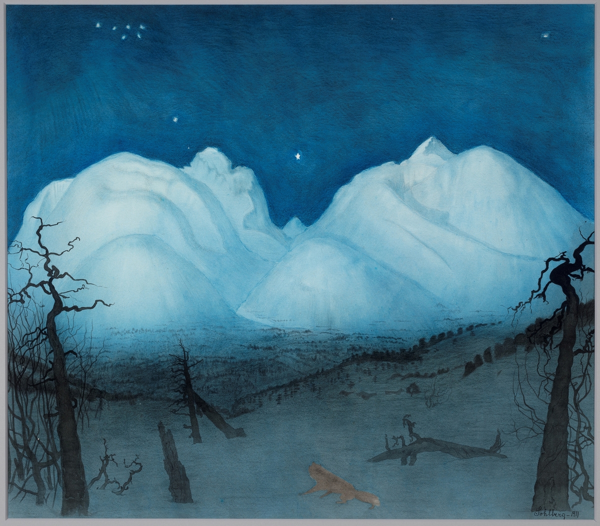 Blåhvite snøfjell i måneskinn, forvridde furuer i forgr. Samme motiv som Nasjonalgalleriets kat.nr. 1361.