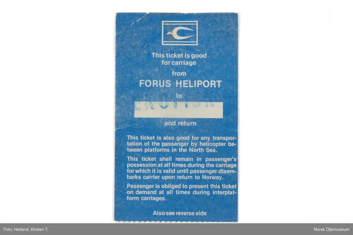 Billett og ombordstigingskort gyldig for transport fra Forus Heliport ut til Ekofisk og tilbake. Billetten var og gyldig for transport mellom plattformene i Nordsjøen.