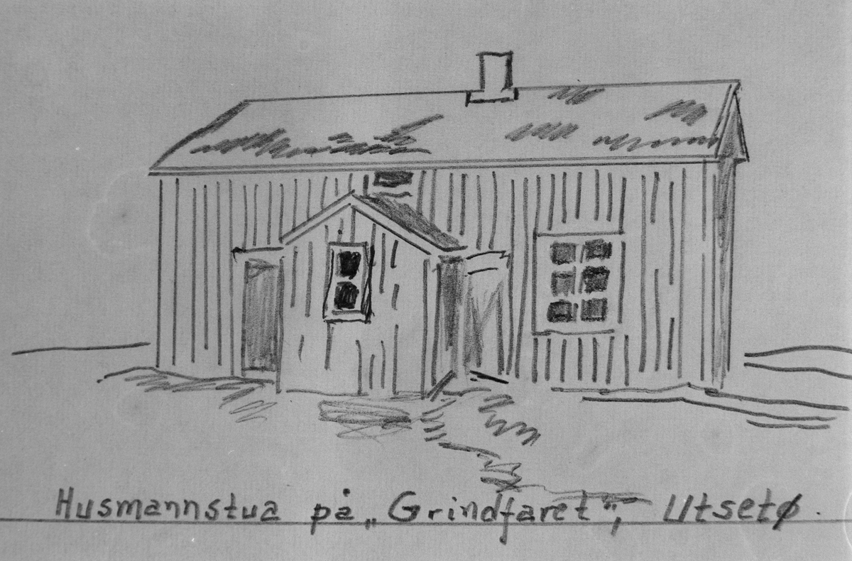Tegning av husmannstua på Grindfaret, Utsetø, Hitra. Utført av Asbjørn Strand.