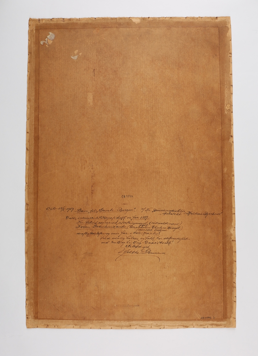 Litografi av Norges Grunnlov, trolig trykket i 1837. Bildet er uten glass og ramme, har bakplate med håndskrevet dedikasjon.