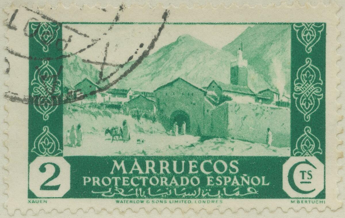 Frimärke ur Gösta Bodmans filatelistiska motivsamling, påbörjad 1950.
Frimärke från Spanska Marocko, 1935. Motiv av Staden Xauen