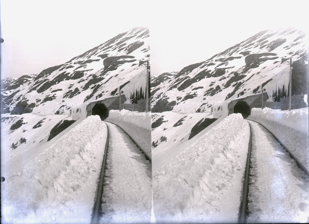 Stereofotografi. Et togspor på Bergensbanen løper inn i en tunnel som beskytter mot snø.