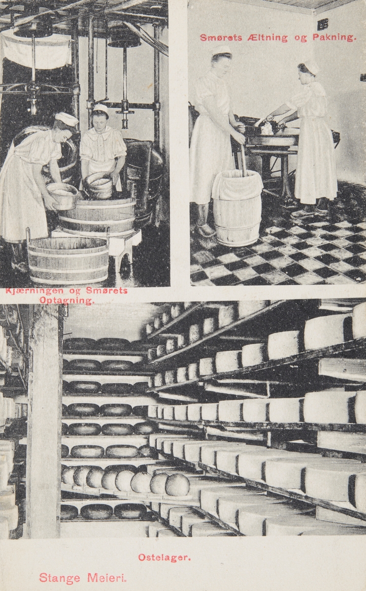 Postkort, Stange, 3-delt motiv fra produksjonen til Stange Meieribolag, kjerning av smør, ostelager,