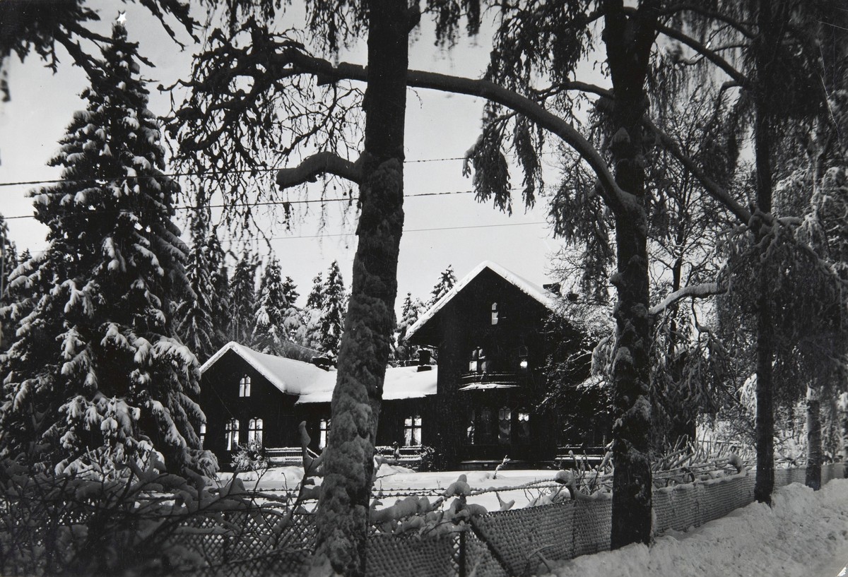 Postkort, Hamar, Sagatun folkehøyskole, vintermotiv, julekort fra Ted Sæther som bodde her en periode,