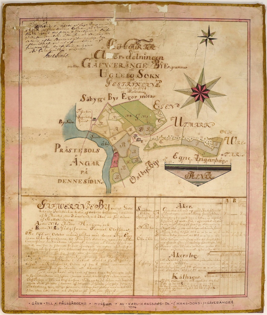 Karta över åker delning, Gäveränge i Ockelbo socken, 1764.