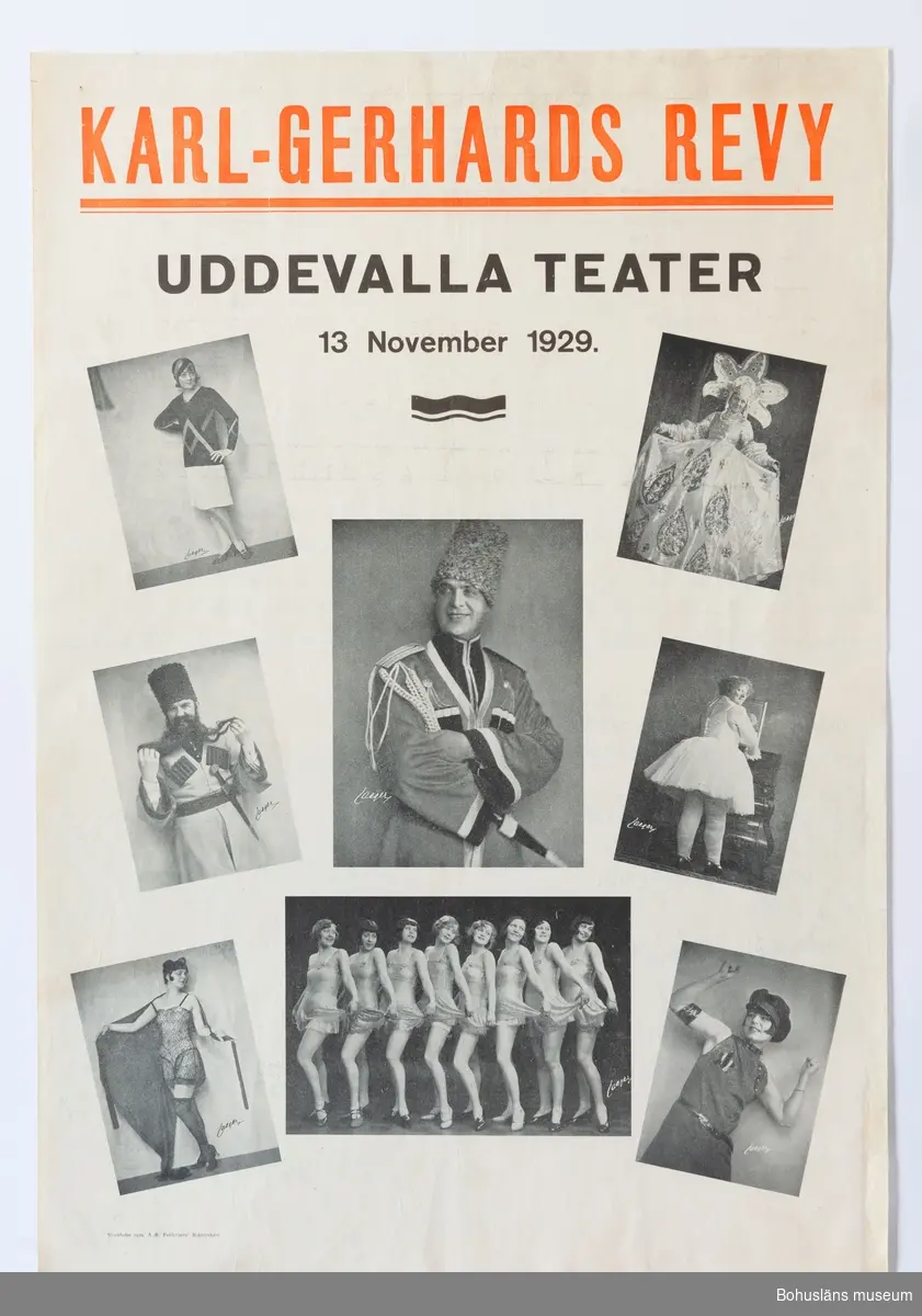 Teateraffisch för föreställningen Karl-Gerhards revy.
Anteckningar i blyerts rörande antal i publiken mm på hela affischens baksida.