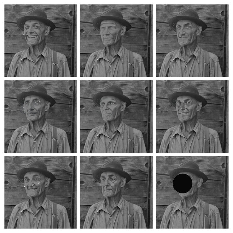 Ni kvadratiske bilder av en eldre person. Det niende bildet har en svart ring foran ansiktet.