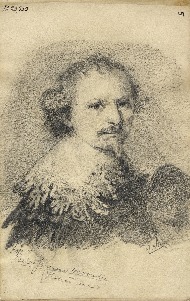 Skiss, blyerts. En man med pipskägg, klädd i 1600-talsdräkt med bred spetskrage.
Bröstbild, halvprofil.
Kopia efter porträttmålning från ca 1630 av Paulus Janssen Moreelse (1571-1638). 

Inskrivet i huvudbok 1975.