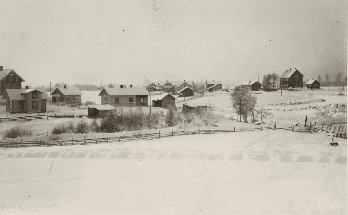Postkort, Løten, Ådalsbruk stasjon, parti ved jernbanestasjonen, boligbebyggelse langs Ådalsbrukvegen, vinterlandskap