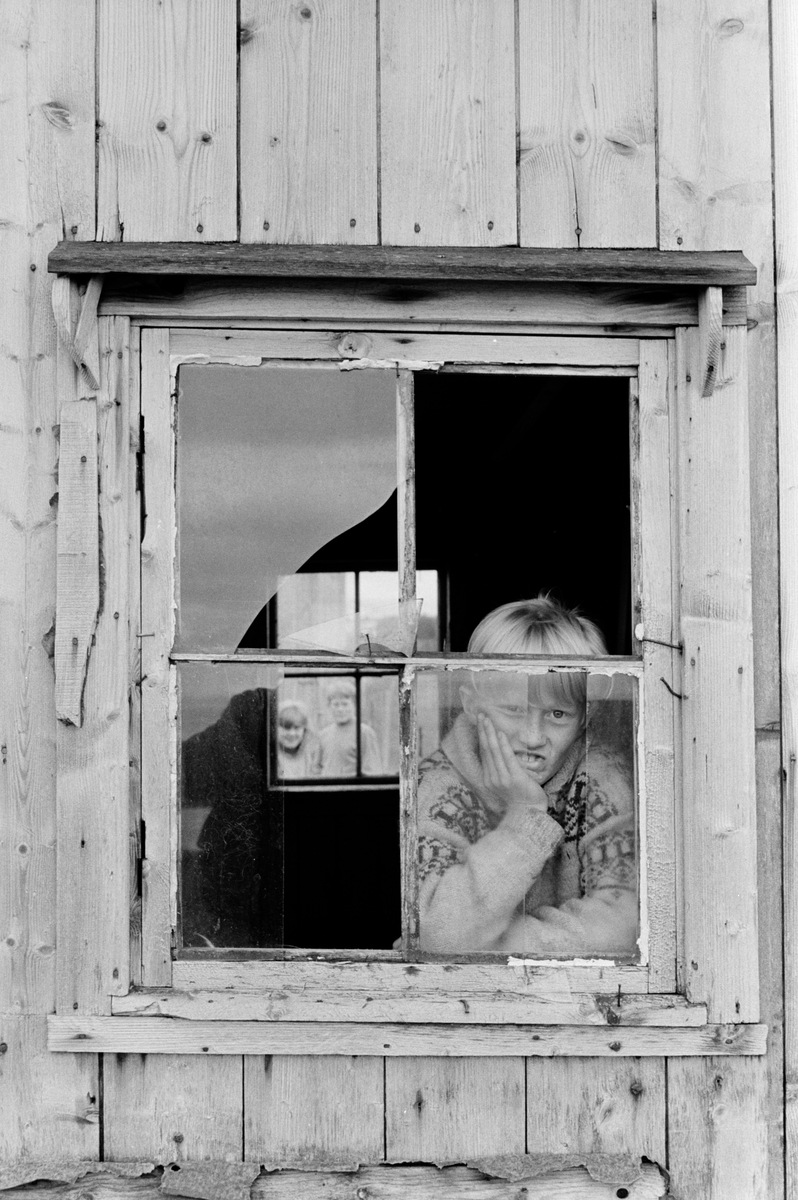 Gutt ser gjennom knust vindu.