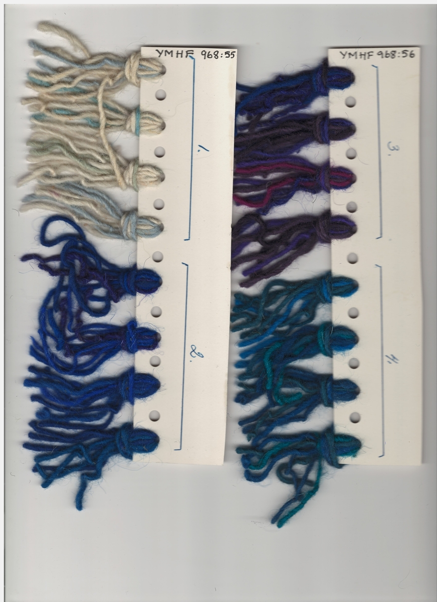 Skiss till rölakansmatta, i olika blå och lila nyanser, med tillhörande kartor med garnprover.