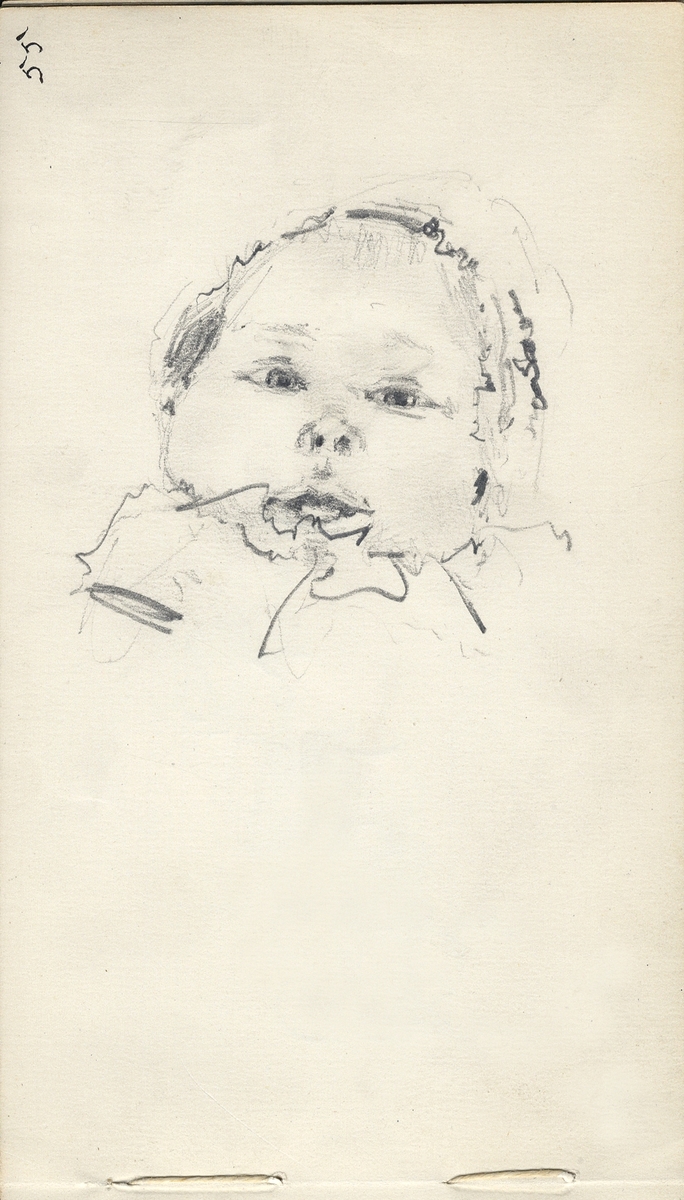 Skiss, blyerts. En baby med spetsmössa.
Bröstbild, en face.

Inskrivet i huvudbok 1975.