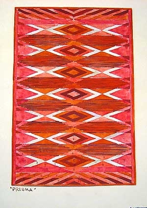 Färgskiss och garnprov till matta i röllakansteknik i olika röda och naturfärgade nyanser, fastklistrad på kartong. Signatur finns på själva kartongen. Skissen är gjord på ritpapper i akvarellfärg