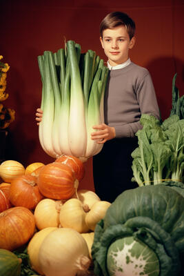En ung gutt står blant masse forskjellige grønnsaker.