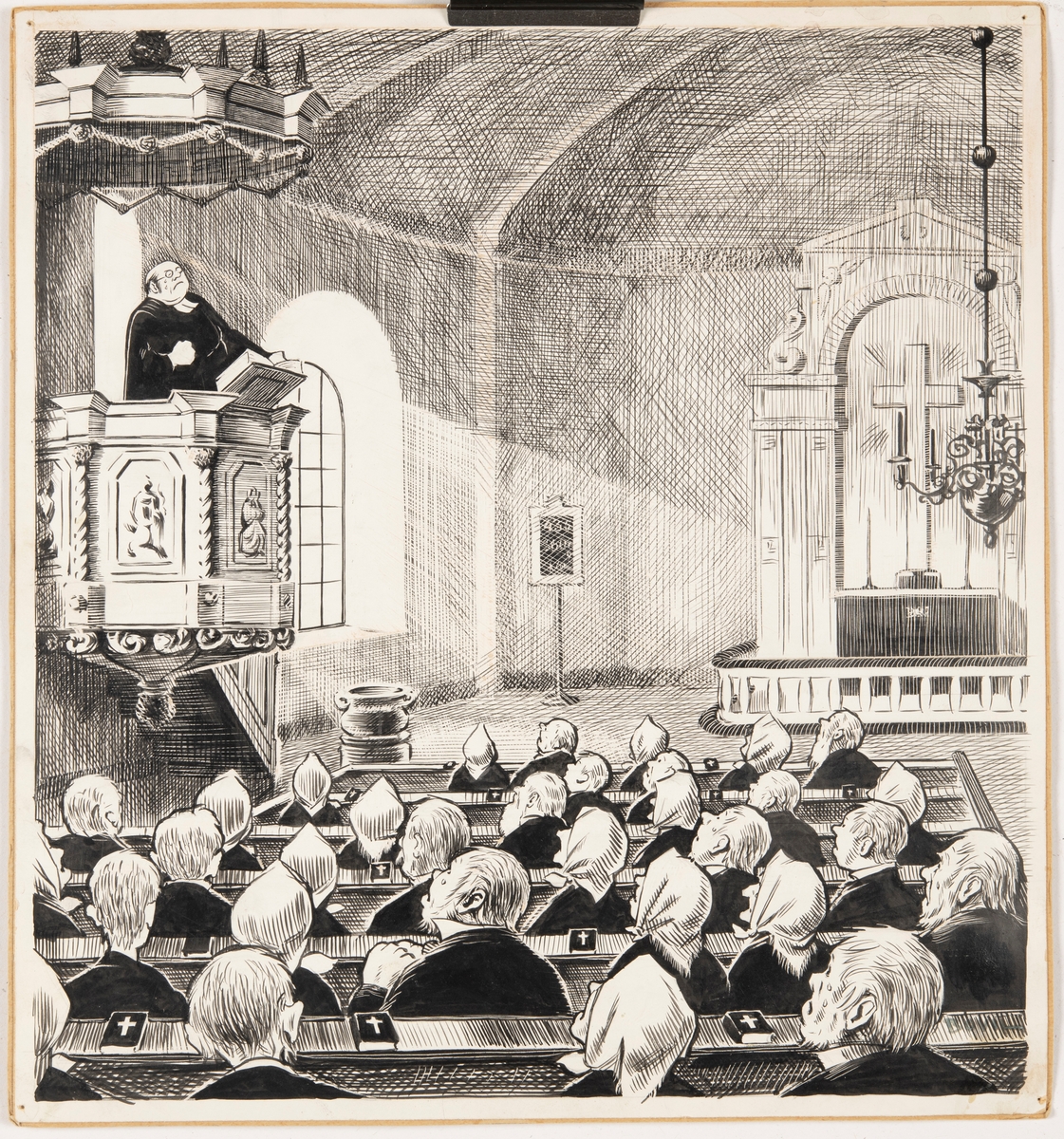 Illustration av dikten "Våran prost" av Gustaf Fröding, publicerad i "Guitarr och dragharmonika" år 1891.

Illustrationens motiv utspelar sig i ett kyrkorum. En präst står i predikstolen och predikar för fullsatta kyrkobänkar. Prästen gråter och delar av församlingen med. Genom kyrkofönstret lyser solen skrapt in mot altaruppsatsen.