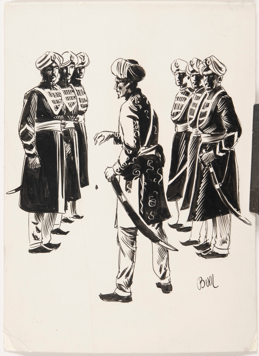 Illustrationer till Per Westerlunds bok "Tjuvpojken som blev maharadja", 1940;1942.

Motivet föreställer män i traditionella indiska kläder, snabelskor och turban. En man står i bildens mitt och håller ett svärds slida. Till vänster i bilden står tre män på rad och till höger i bildens står tre män på rad. Alla blickar går mot mannen i mitten som talar till dem.

På bildens baksida finns text.