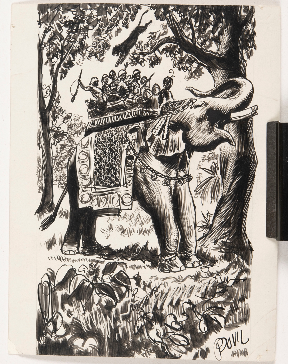 Illustrationer till Per Westerlunds bok "Tjuvpojken som blev maharaja", 1940;1942.

Motivet illustrerar en tigerjakt. En elefant går i en skog och på elefantens rygg sitter en grupp människor. Elefanten är klädd i ett mönstrat täcke och huvudbonad. En tiger hoppar ner mot människorna från ett träd. Vissa av människorna har gevär.

På baksidan finns text.