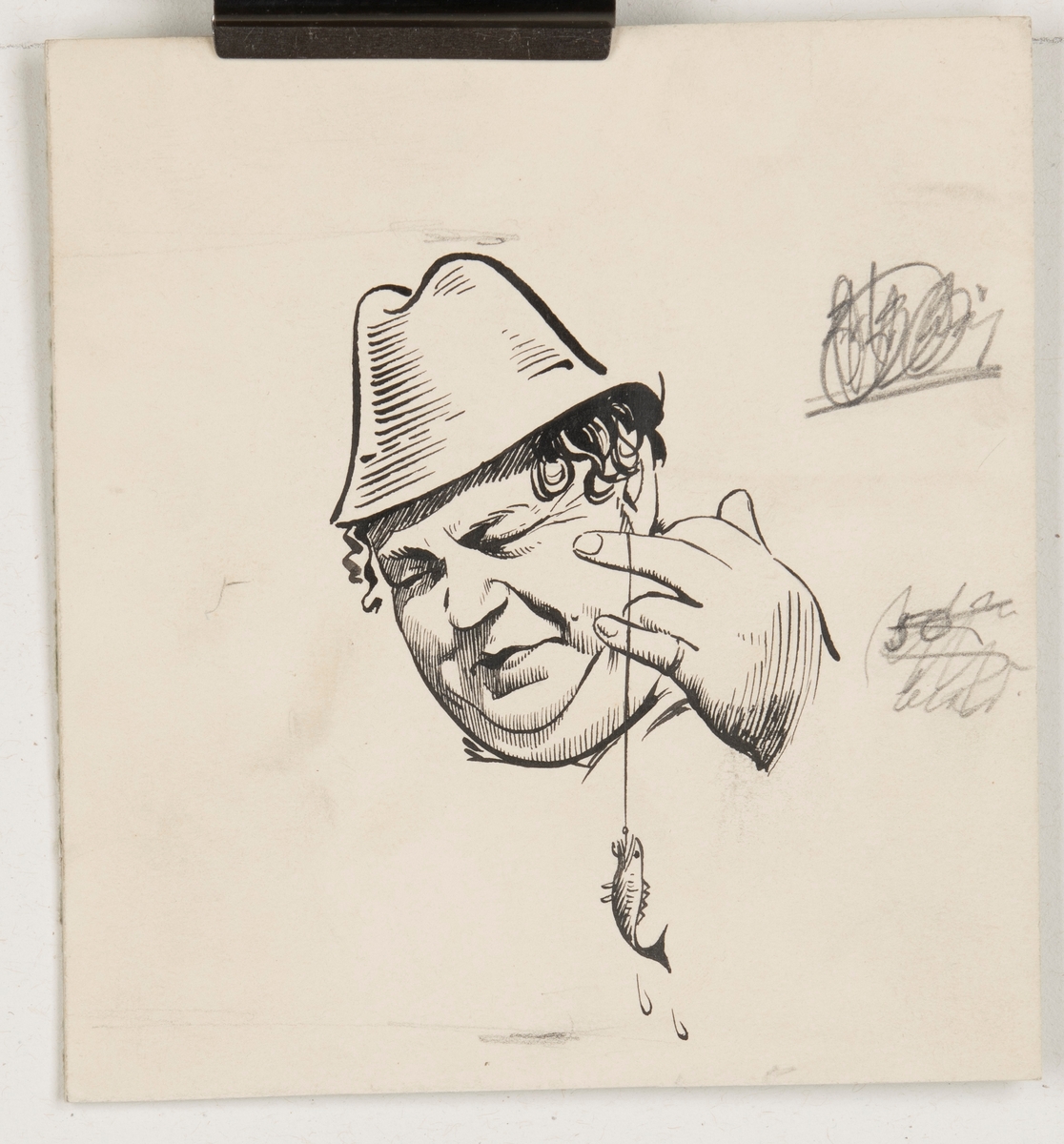 Illustration till filmaffisch, "Baldevins bröllop".

Illustrationen föreställer ett ansikte av en man som bär hatt. Mannen blundar samt håller upp en fisklina med en liten fisk hängades på kroken.