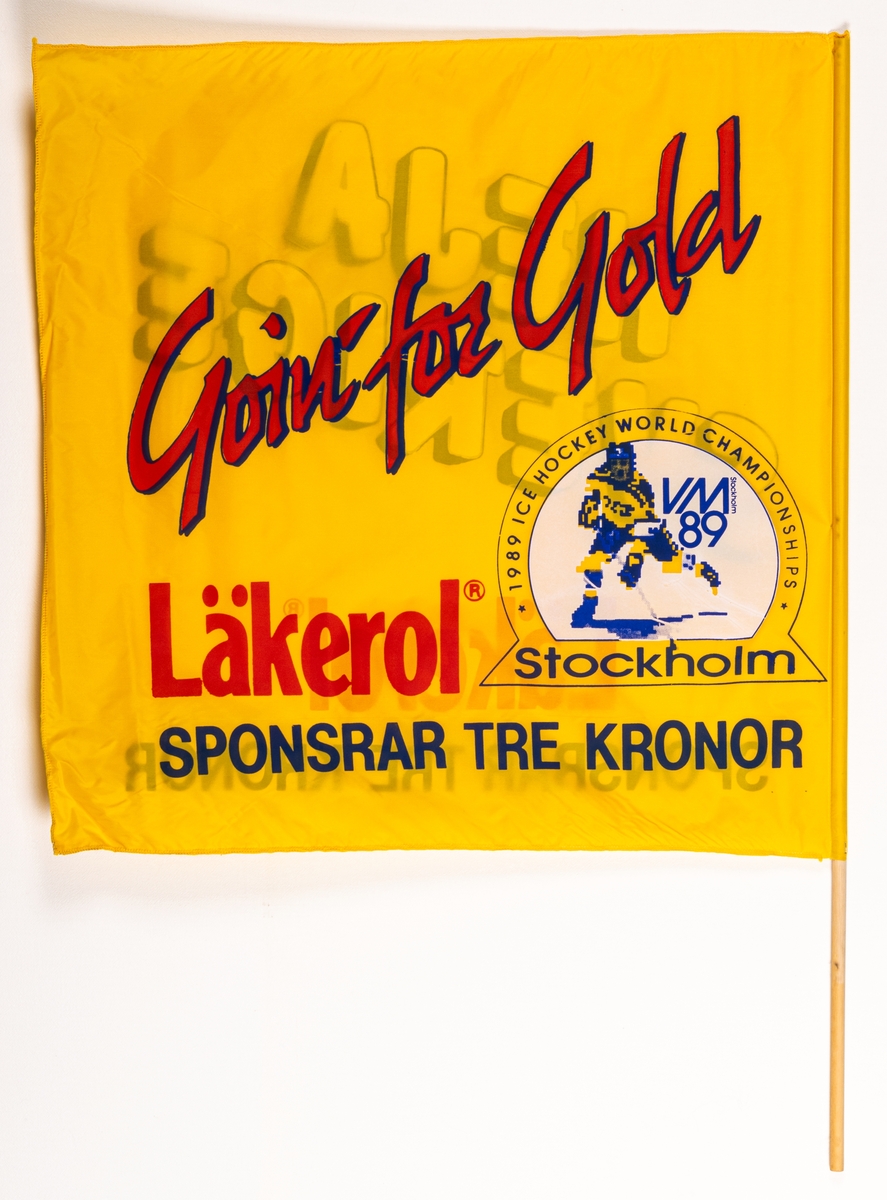 Gul supporterflagga för Ishockey VM 1989.