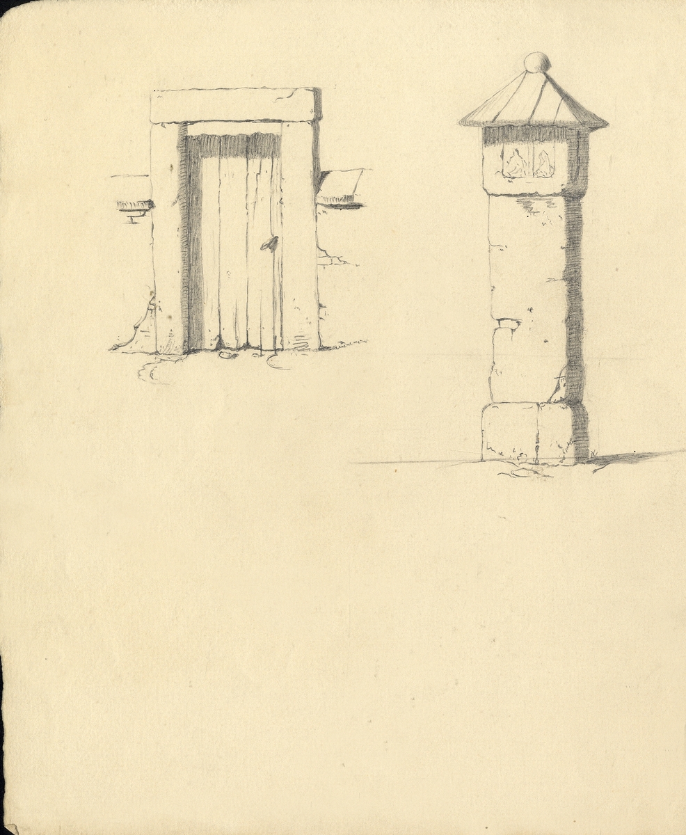Skiss, blyerts. Studie av en port med stenomfattning och en pelare med religiösa reliefer.

Inskrivet i huvudbok 1937.