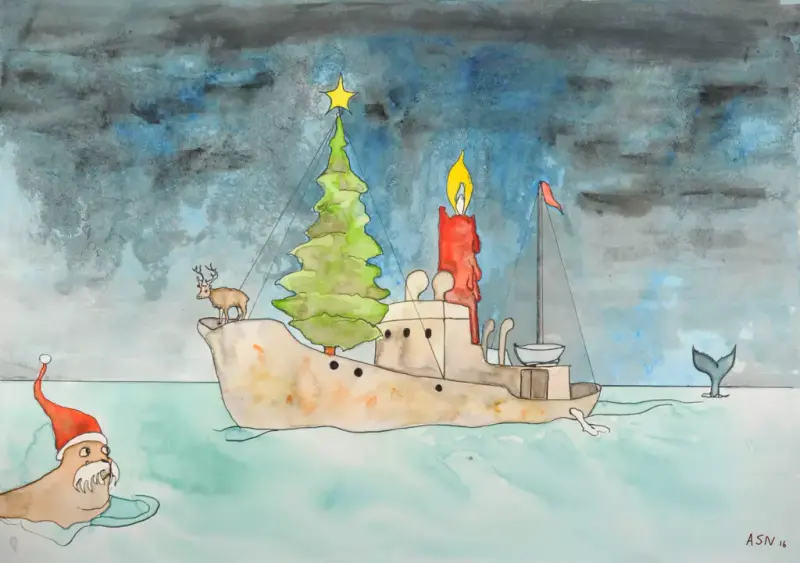 Et maleri av et hvalfangstskip med et juletre om bord. På toppen av juletre er det en stjerne som lyser. Det er mørk himmel bak skipet. Til venstre er det en tegning av en sel med nisselue