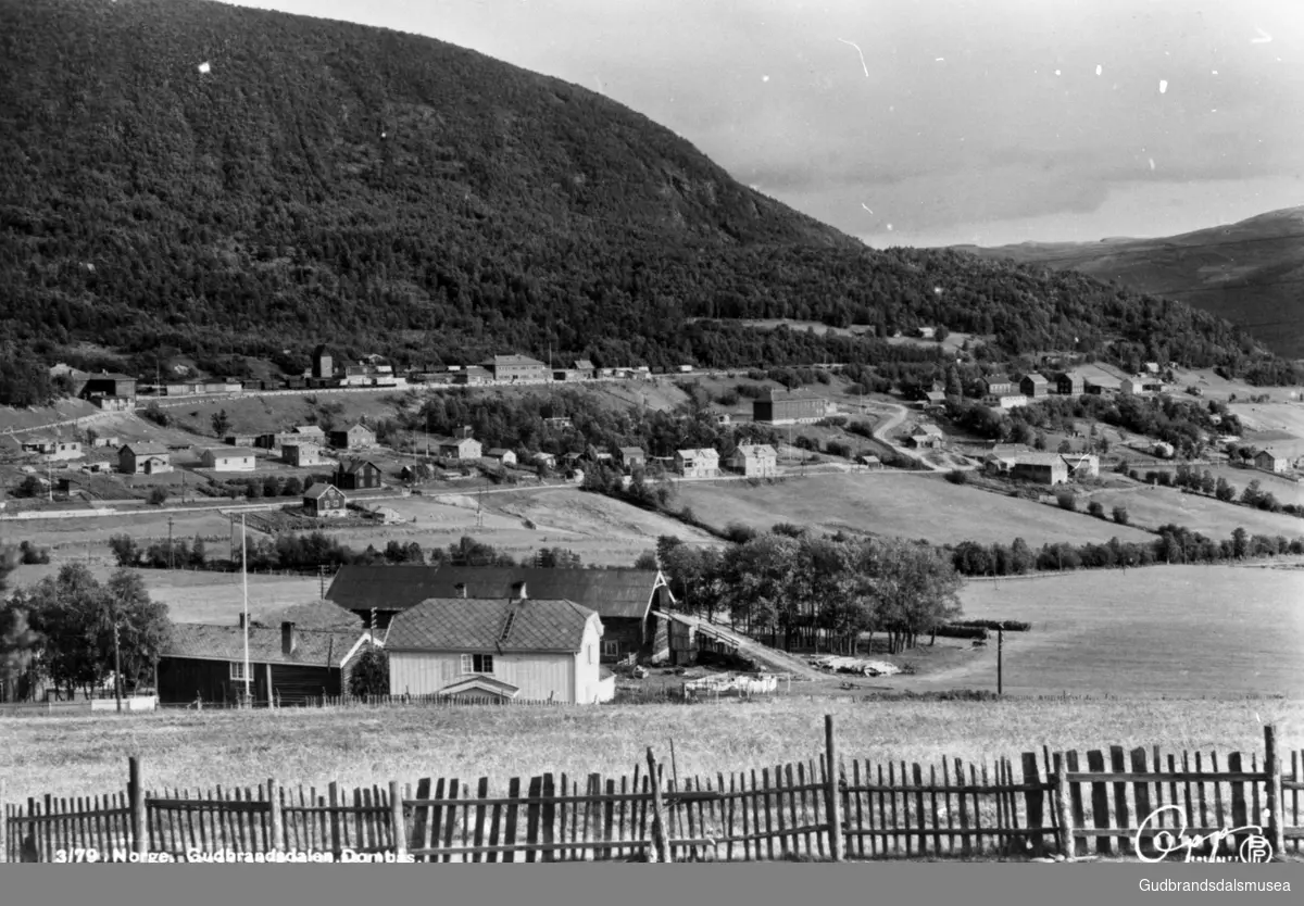 Utsikt fra Dombåsgarden mot Dombås stasjon og Dombås sør. Før 1952.