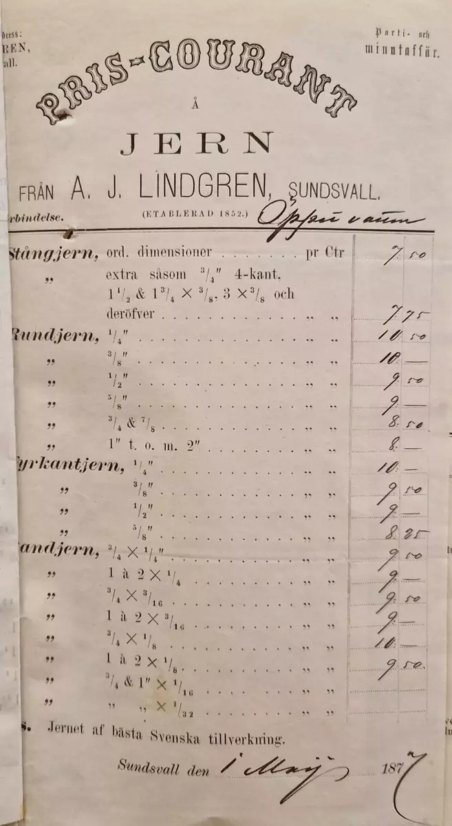 Pris- courant å spik m.m från AJ Lindgren, Sundsvall. Etablerad 1852. Sundsvall i maj 1877.